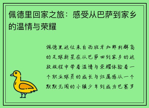 佩德里回家之旅：感受从巴萨到家乡的温情与荣耀